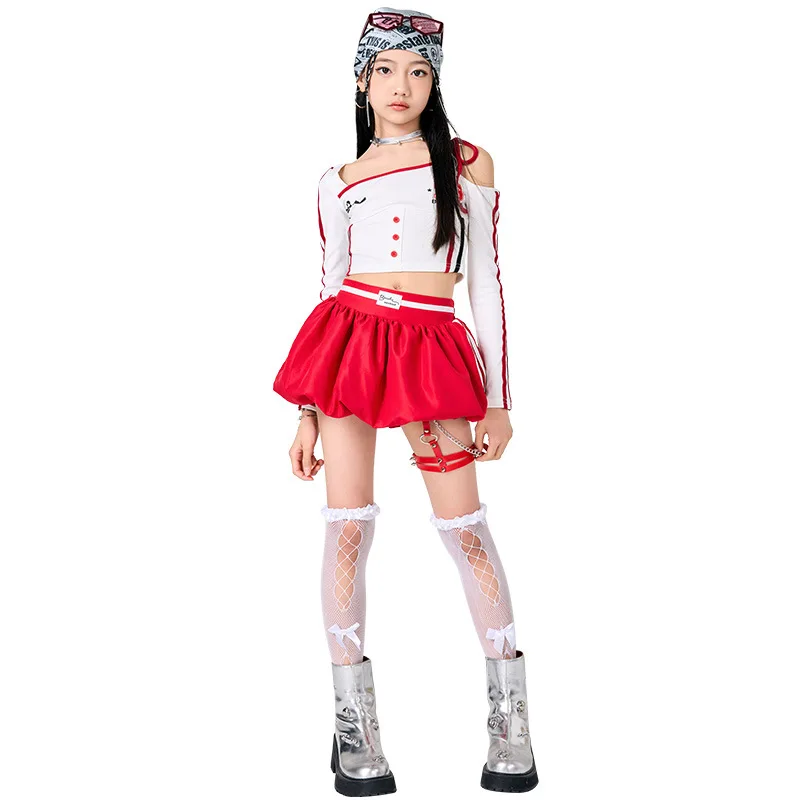 

Одежда в стиле хип-хоп для девочек, белый топ, красная юбка, костюм для джазовых танцев, модный наряд Kpop, уличная одежда, костюм для подиума