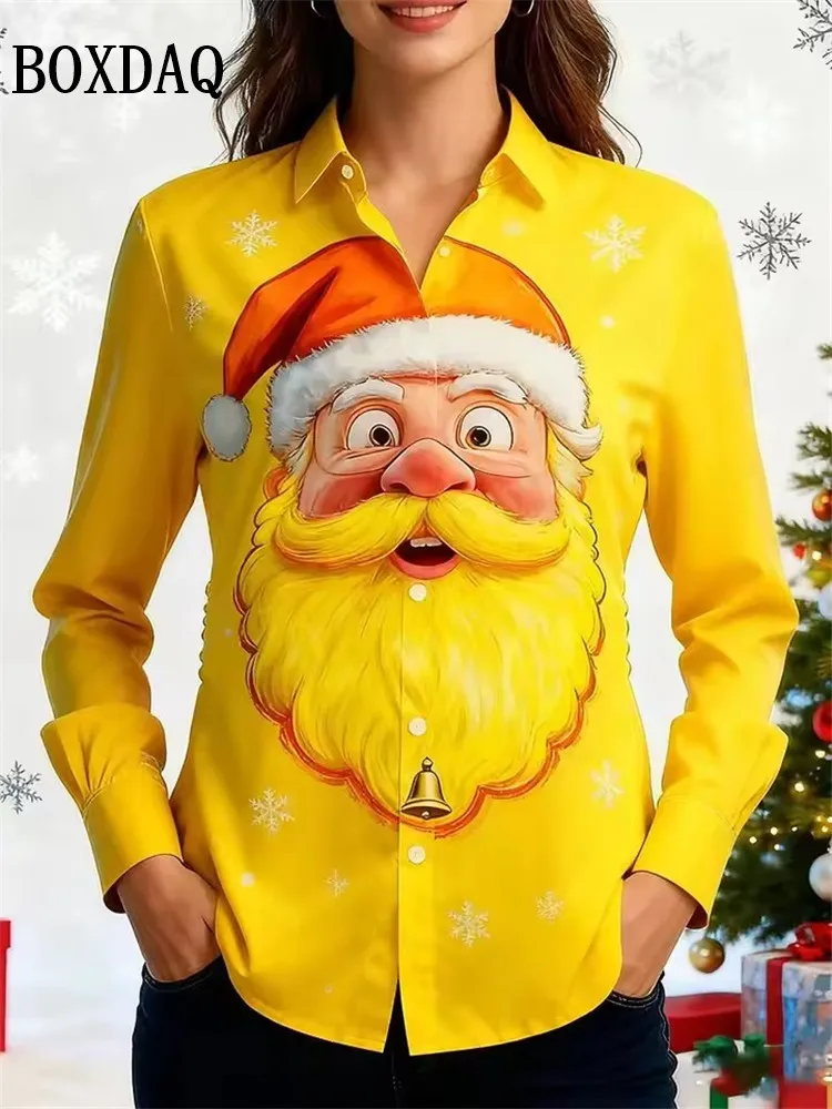 

Christmas Women's Cartoon Santa Claus Blouse Elegant Fashion Cute Lapel Holiday Style Long Sleeve Party Shirt 2025 Autumn Winter