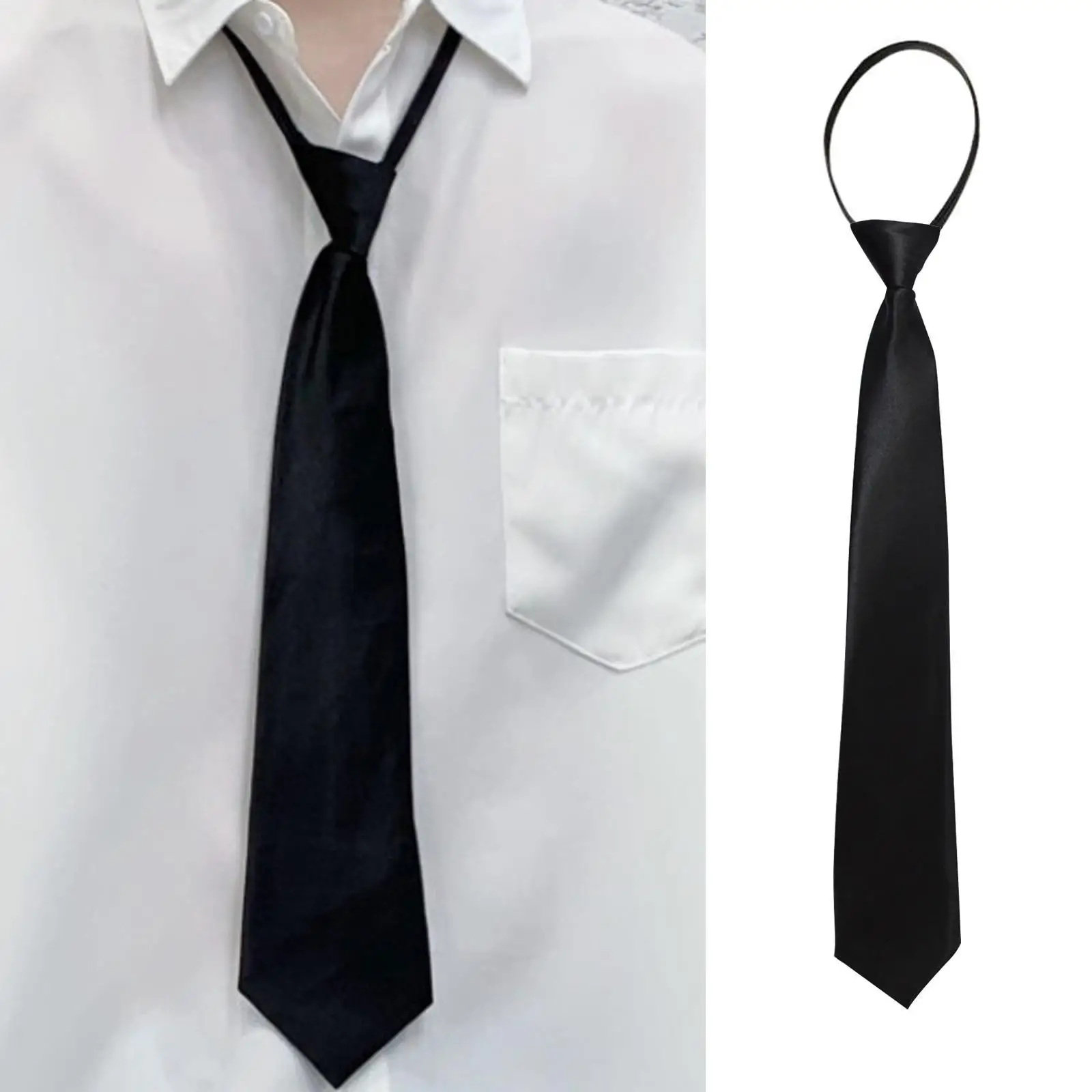 Pre-Tie Zipper Necktie Men Women Slim Narrow Neck Tie Retro Color Safety Clip Tie Business Funeral Butler Matte Black Tie