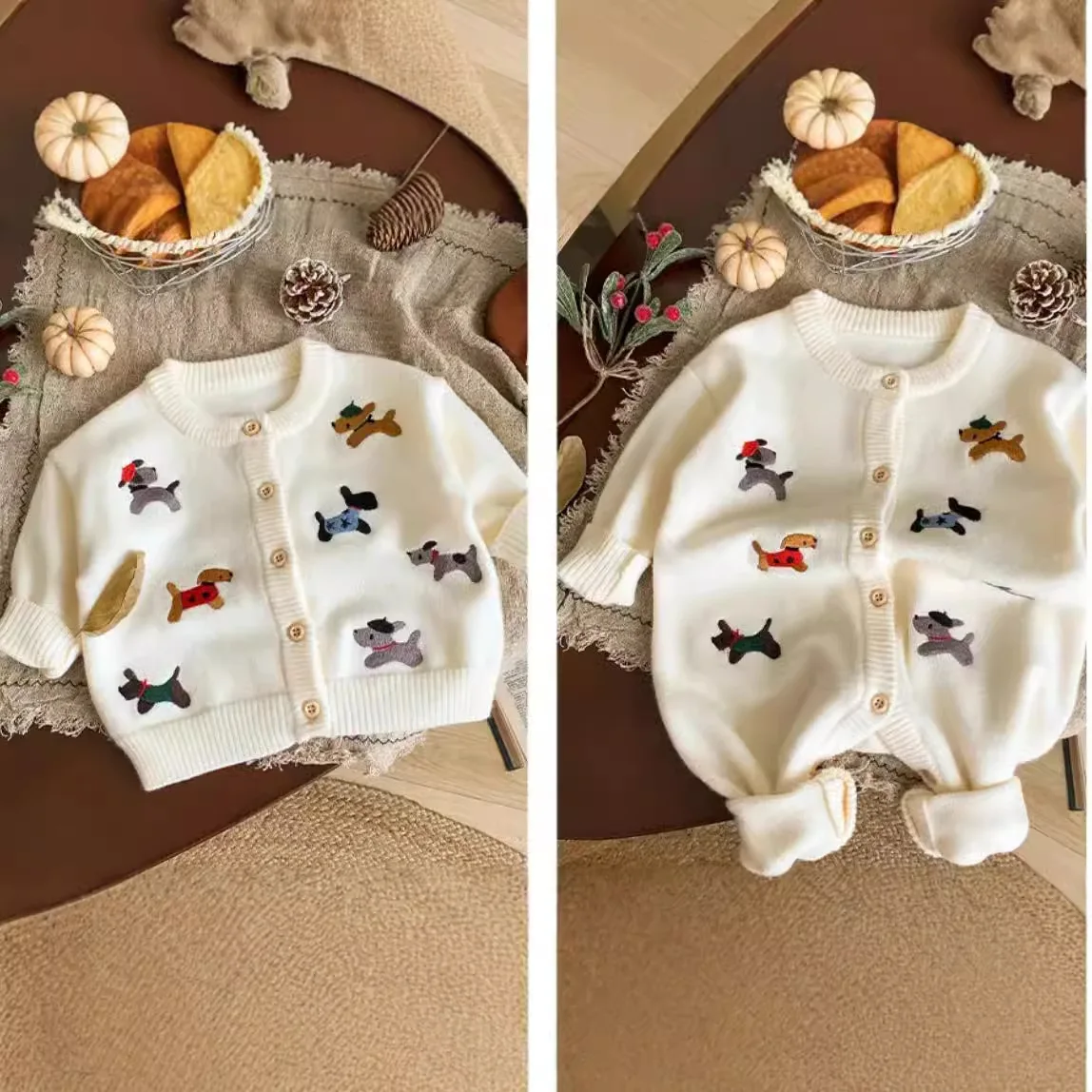 Family Matching Autumn Winter Cute Sweater Kids Girls Boys Carton Dog Knit Sweater Mother Son Daughter Round Neck Sweater