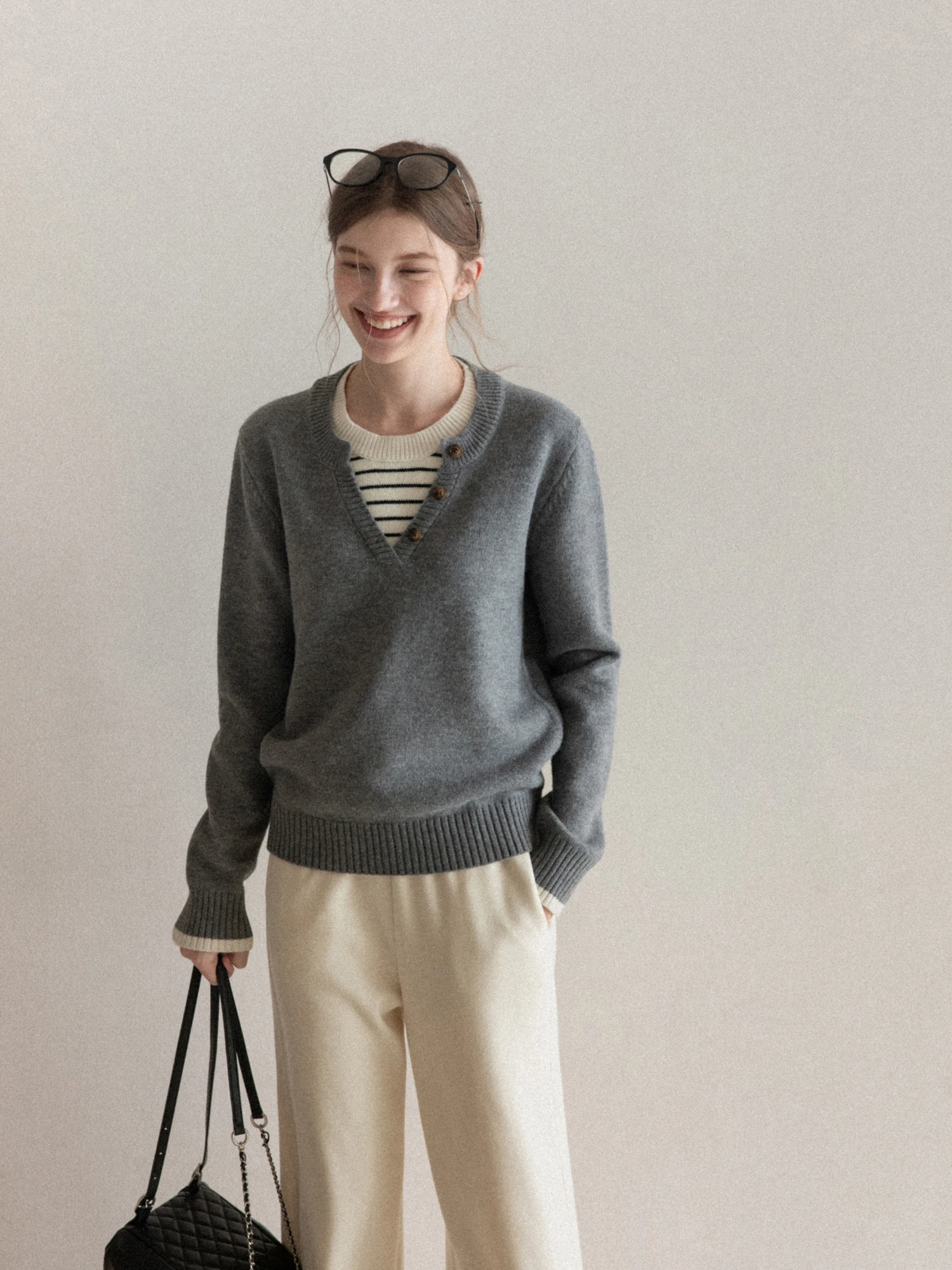 

ay Striped V-Ne round Ne Knitted Sweater Women's Winter Versatile Slimming Long Sve Top Casual Loose Fit Soft Polyes...