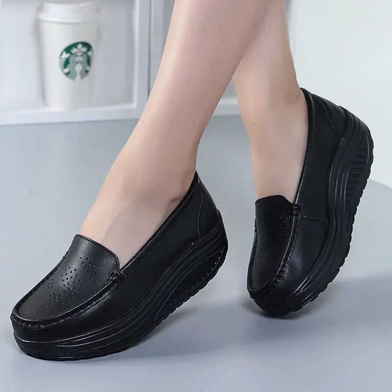 Cow Two-Layer Leather Black Women'S Shoes Breathable Fashion Flat Shoes Thick Bottom Women'S Nurse Shoes Zapatos De Mujer