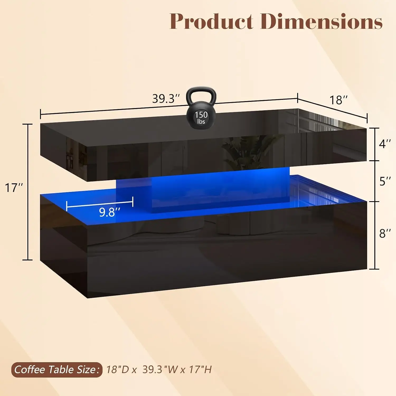 High Gloss LED Coffee Table 2-Tier Storage Black Minimalist Center Shelf Living Room & Office, Customized
