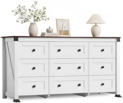 White Dresser for Bedroom, 9 Drawer Wooden Chest of Drawers with SGS-Tested Anti-Tip Design, 62 Inch Wide Rustic