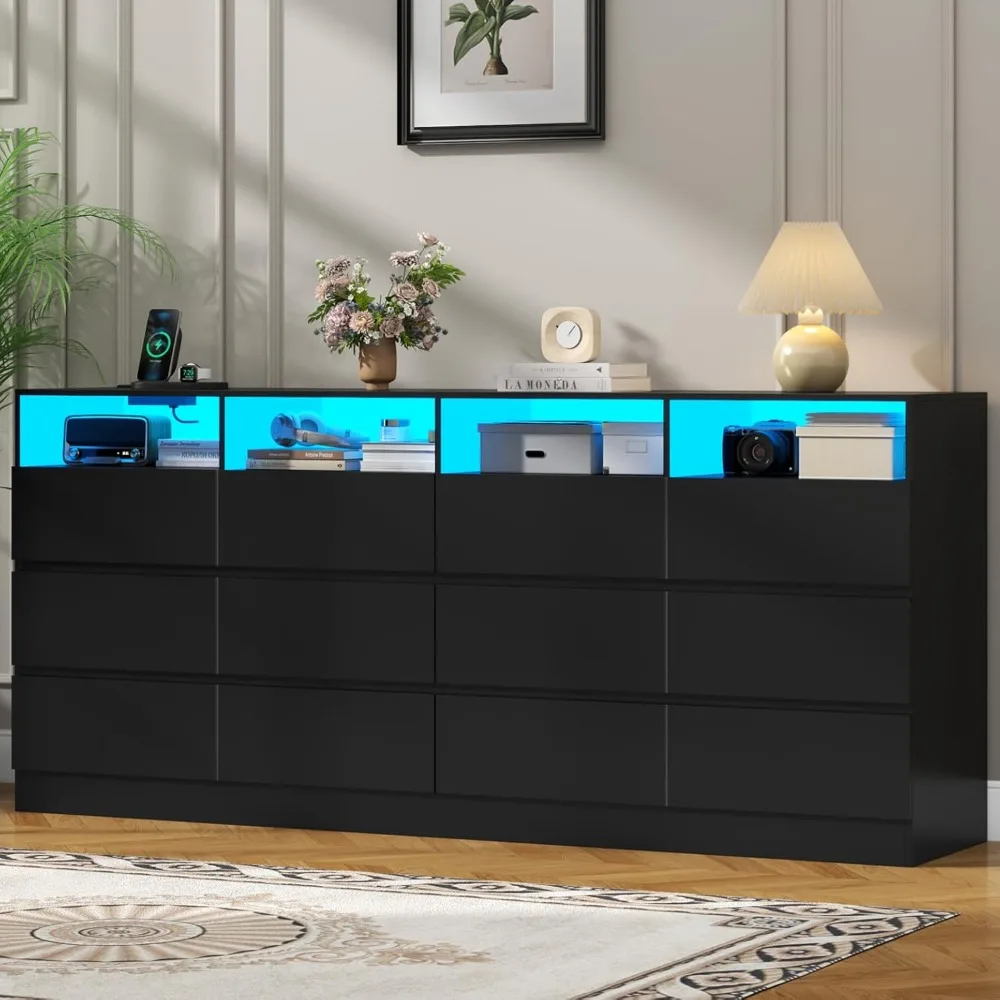 

12-Cell Divided Drawers Black Dresser with Charging Station & Led Lights for Bedroom, Long 63" Wide Dresser TV Stand for TVs up