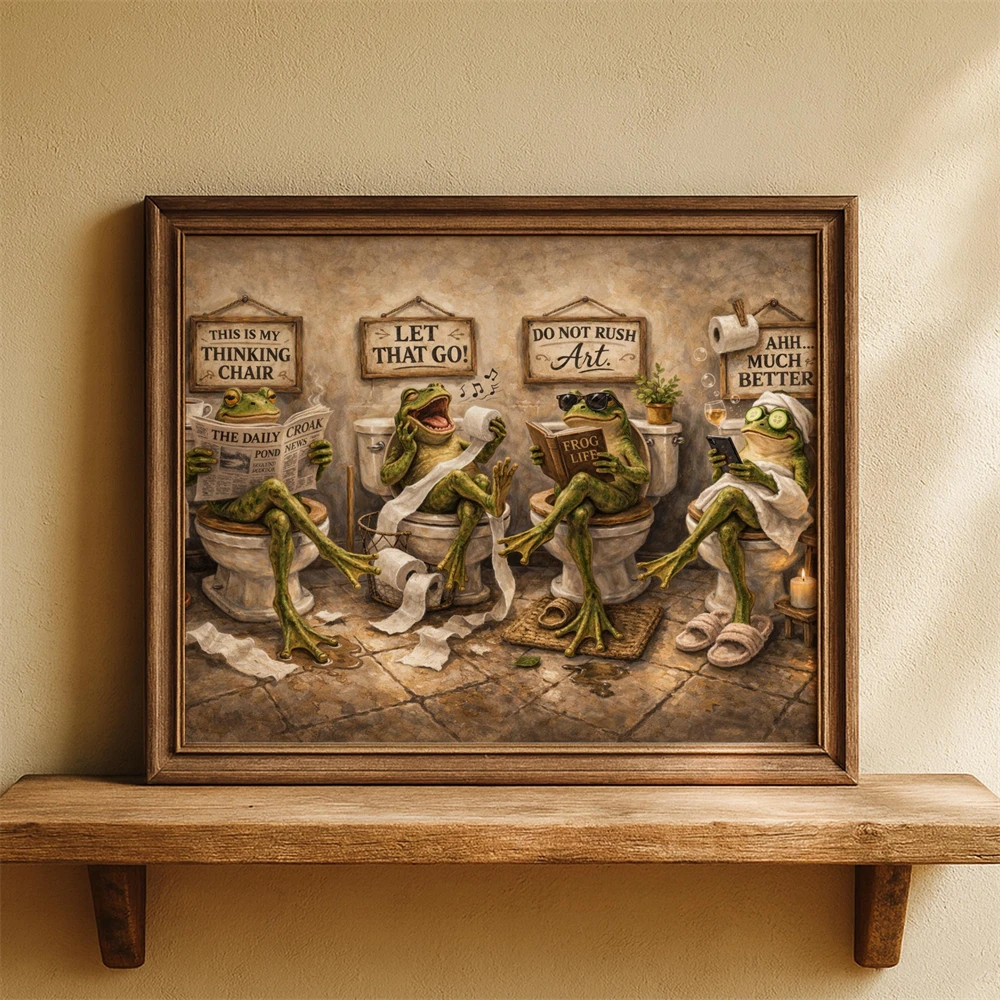Funny Frog Bathroom Wall Art Prints Frog Toilet Humor Poster Whimsical Bathroom Decor Vintage Frog Artwork Canvas Painting