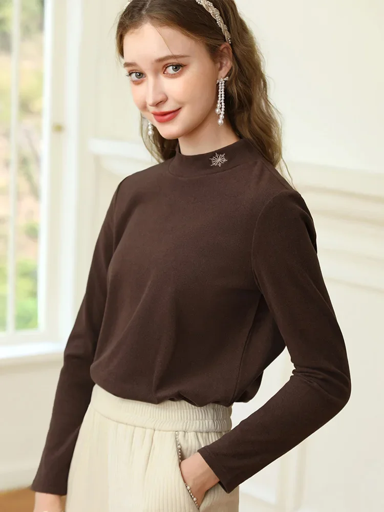 I BELIEVE YOU 2023 Autumn Velvet Embroidery Primer for Women New Long Sleeve Inside Top Slim Vintage Stretch Pullover 2234235367