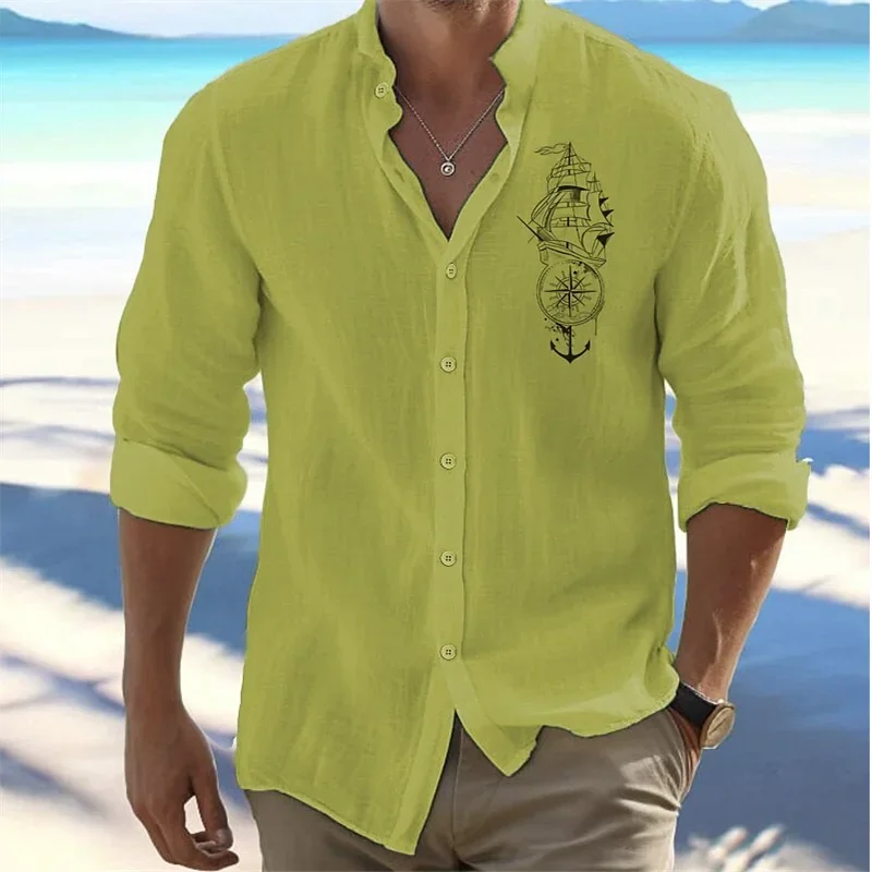 Men's Linen Soft, Comfortable, Simple Shirt Flip-over Beach Shirt Long Sleeves Pure Color Hawaiian Pink Pattern New Collection