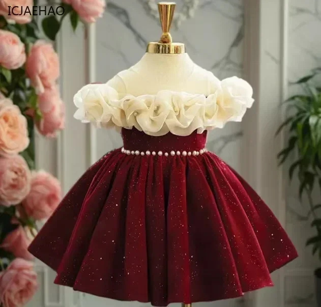 2025 Children's Dressfor Eid Party Princess Dresses High-End Red Flower Child Wedding Little Girl BirthdayHost Piano Costume