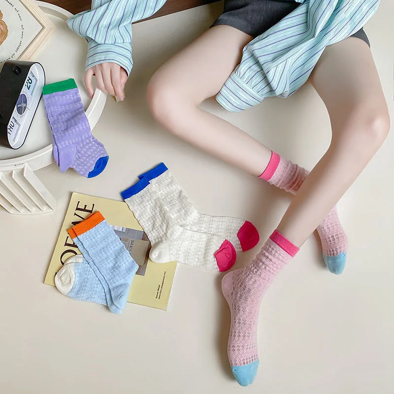 Women's Socks Cotton Harajuku Color Blocked Sweat Absorbing Socks Fashionable Funny Versatile Mid Tub Socks For Cute Kawaii Girl