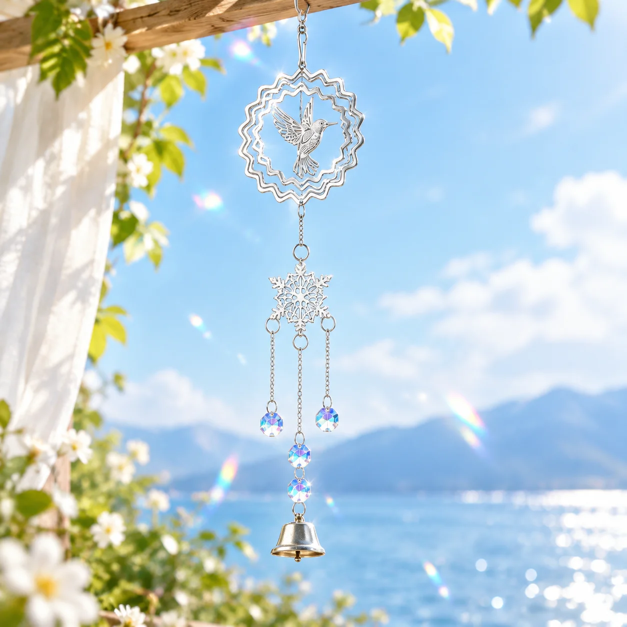 Hummingbird Snowflake Wind Chimes Suncatcher Wind Spinner Sunlight Reflection Rainbow Winter Wonderland Christmas Hanging Decor
