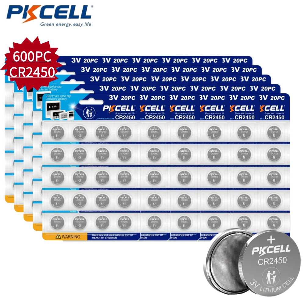 PKCELL 600PCS High Capacity CR2450 Battery CR 2450 DL2450 3v Lithium Coin & Button Cell Batteries For Keychain Remote