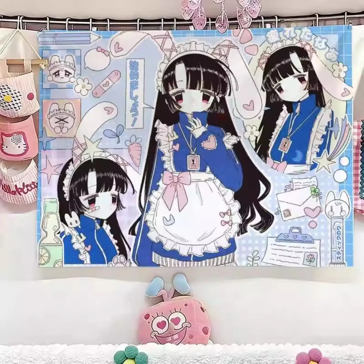 Japanese anime-style girl angel series wall hanging, cute and girly bedroom tapestry, rental room wallpaper