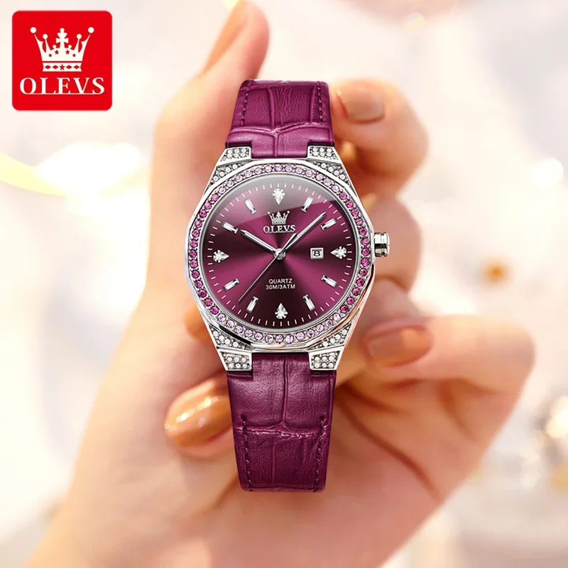 Olevs 5606 elegant quartz wrist watch women breathable leather strap luminous hands colorful waterproof ladies watch