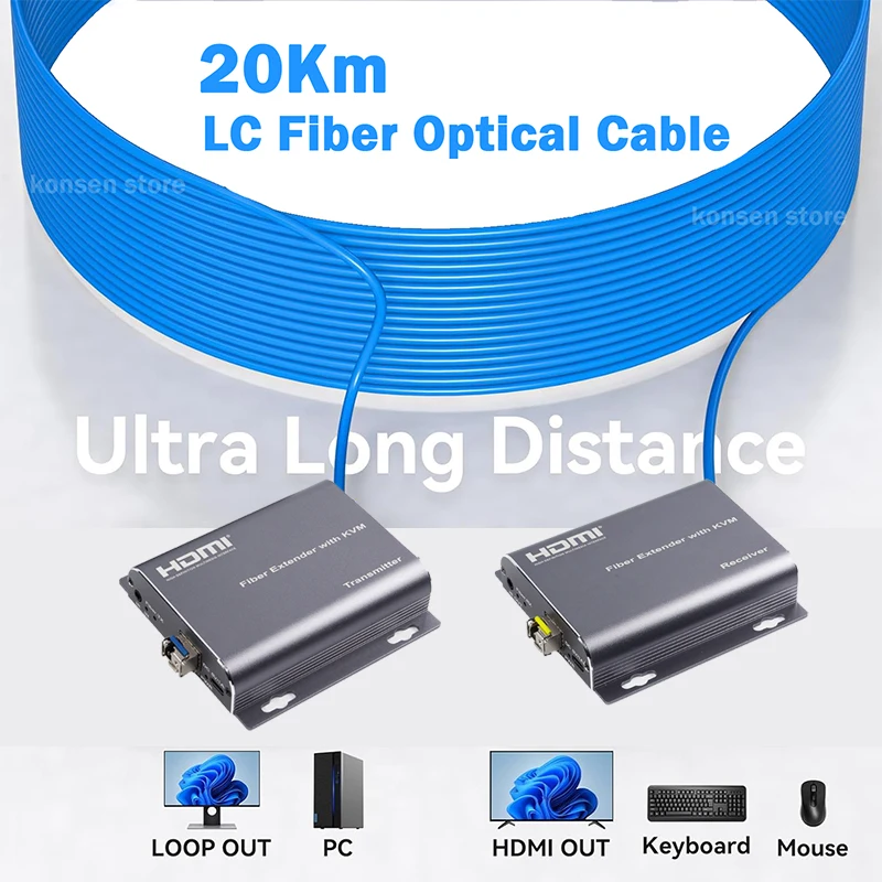 20Km HDMI 광섬유 KVM 연장기 (LC 광케이블 사용) 1080P HDMI USB 송수신기 (SFP 모듈 지원, 마우스 키보드 사용 가능)