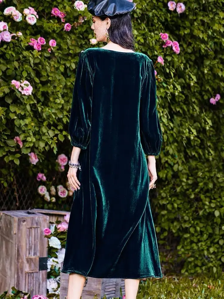 Spring Women Elegant velour Dress Solid Autumn Casual long Party Dresses Winter Vintage Velvet Vestidos Winter Formal Dress