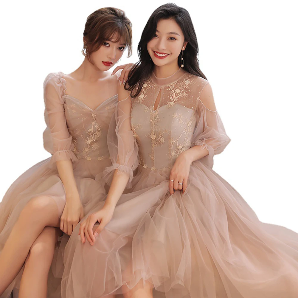 Pink Bridesmaid Dress Women Fairy Tulle Temperament Long Slim Dresses Wedding Banquet Sisters Group Half Sleeve Dress Party Wear