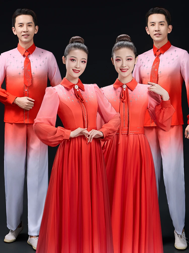 

National Day Red Song Chorus Performance Costume Adult Women's Long Dr New Sle Patriotic Men's Poetry Recitation Ceremon...