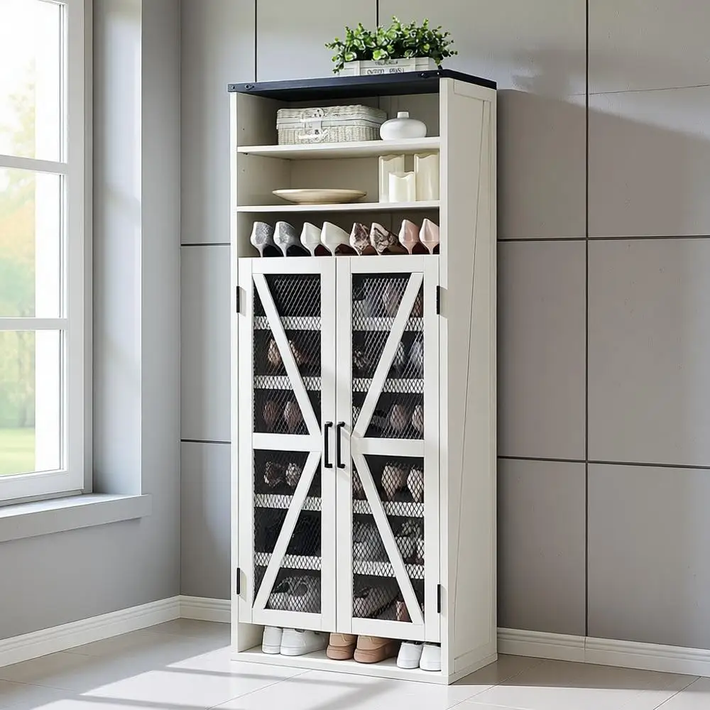 

Rustic 72 High Wooden Shoe Cabinet with Adjustable Shelves and Mesh Door for Large Storage in Entryway, White