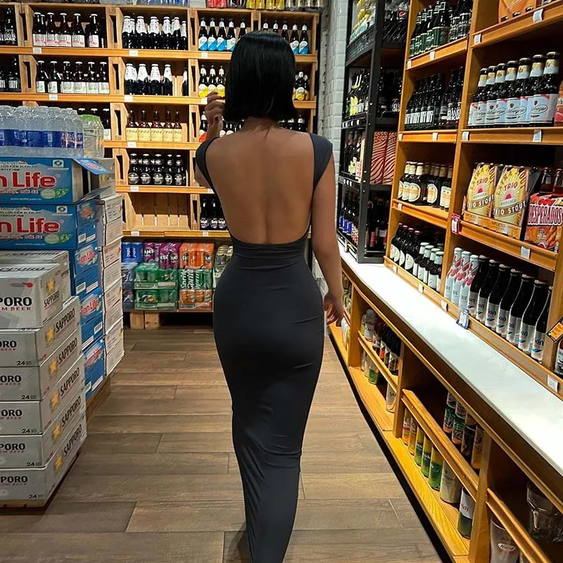 Jednolita seksowna sukienka Maxi z odkrytymi plecami sukienka kobiety eleganckie elastyczne szczupły krótki rękaw długie sukienki damskie Bodycon Streetwear odzież