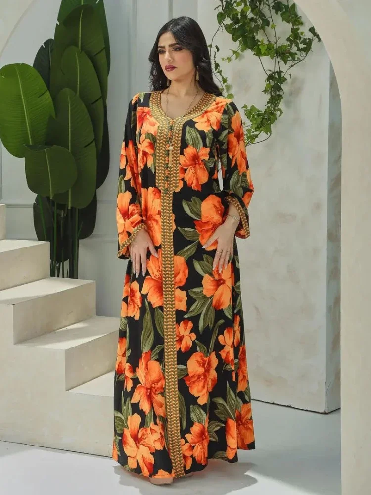 Autumn Muslim Women Jalabiya Dress Morocco Muslim Abaya Kaftan Eid Party Dubai Floral Print Islam Long Robe Femme Vestidos 2025