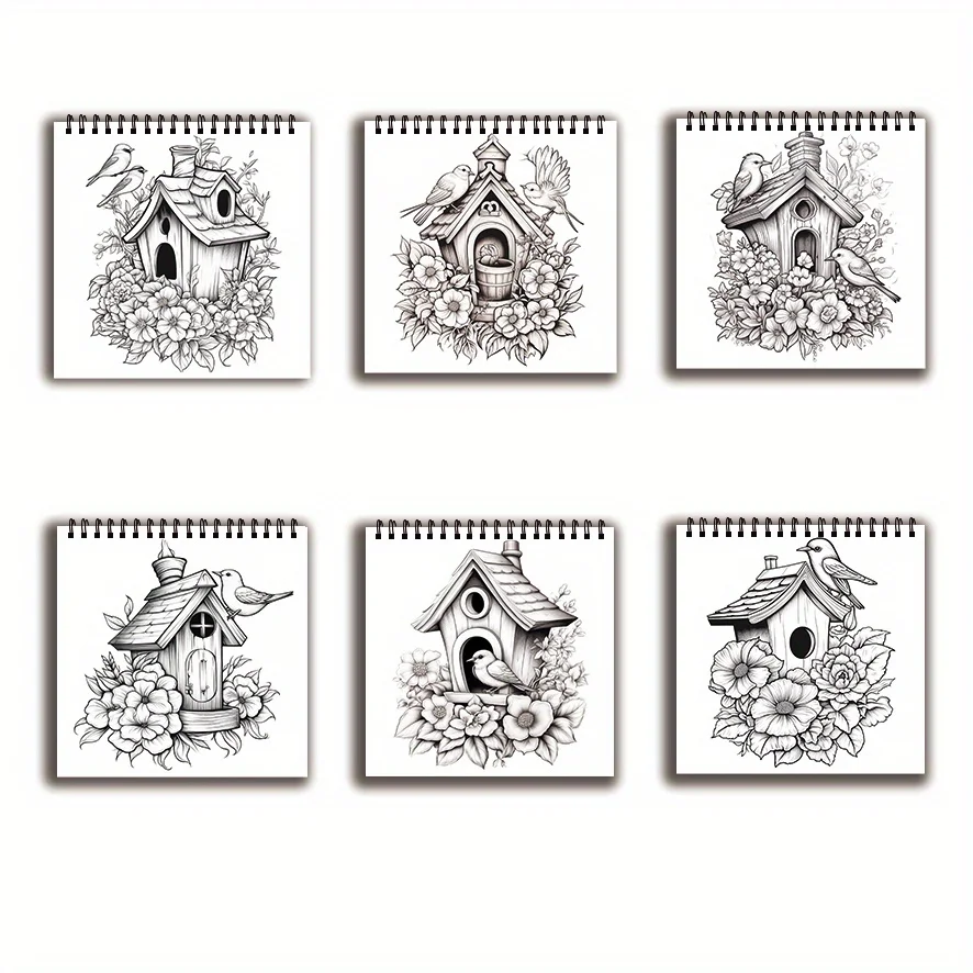 Coloring Book - 7.87x 7.87 inches 32 pages Bird House Coloring Book - Great for soothing, doodling, holiday party favors, ideal
