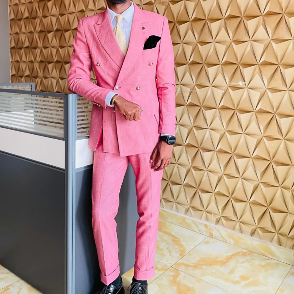 Unique Pink Double Breasted Men Suit Two Pieces(Jacket+Pants) Lapel Outfits Casual Party Prom Wedding Set