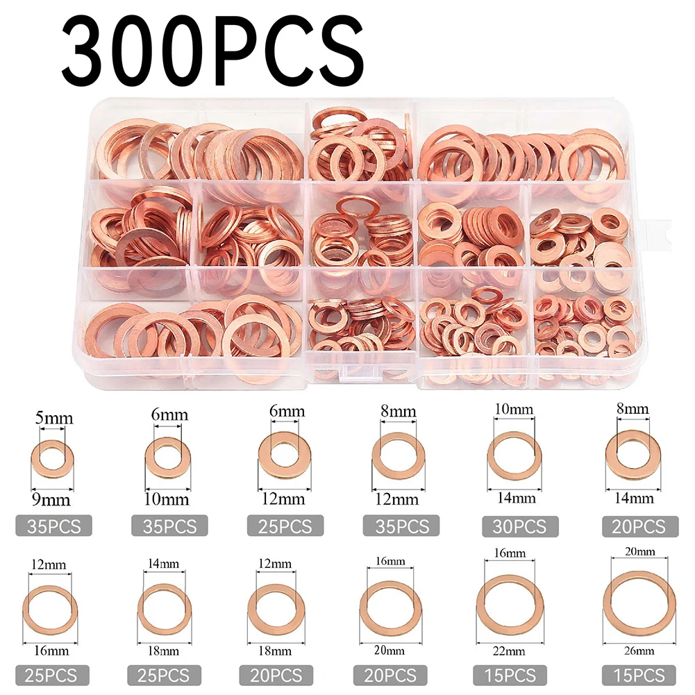 300 PC Copper Washers Set M5 M20 Flat Sealing Rings for Water Oil Pans Suitable for Plumbing Automotive and Marine Applications