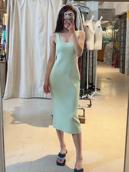 Viscose Stretch Knitted Square Neck Chic Black Midi Dress Slim Fit Elegant Chic Office Lady HIg Quality Dress 2024 Summer