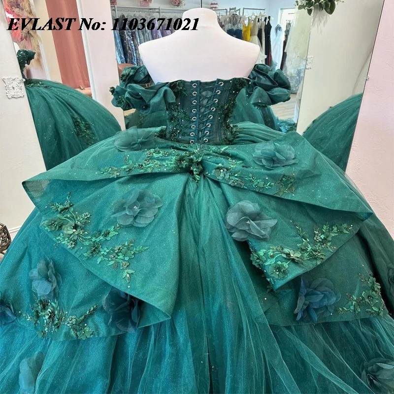 EVLAST-vestido verde esmeralda Quinceanera, vestido de baile, aplique de renda, perolização com laço, doce 16, XV 15, 15 anos, SQ76