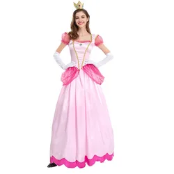Princess Peach Costume Adult Kids Girls Puff Sleeve Dress with Crown Fairy Outfit Halloween Christmas Carnival Cosplay Outfits
