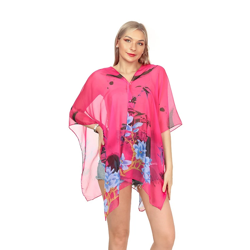 Fashion Print Chiffon Woman Shawl Summer Beach Suncreen Cover Ups For Swimwear Women