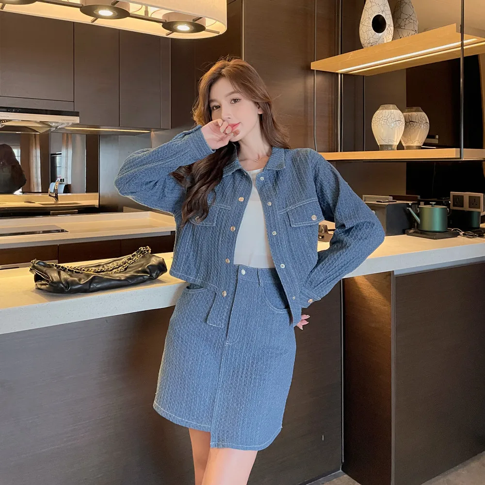 

UNXX Plus Size Women's Autumn Style, Elegant Denim Suit, Chic Style Irregular Long-sleeved Jacket, A-line Skirt, Two-piece Set