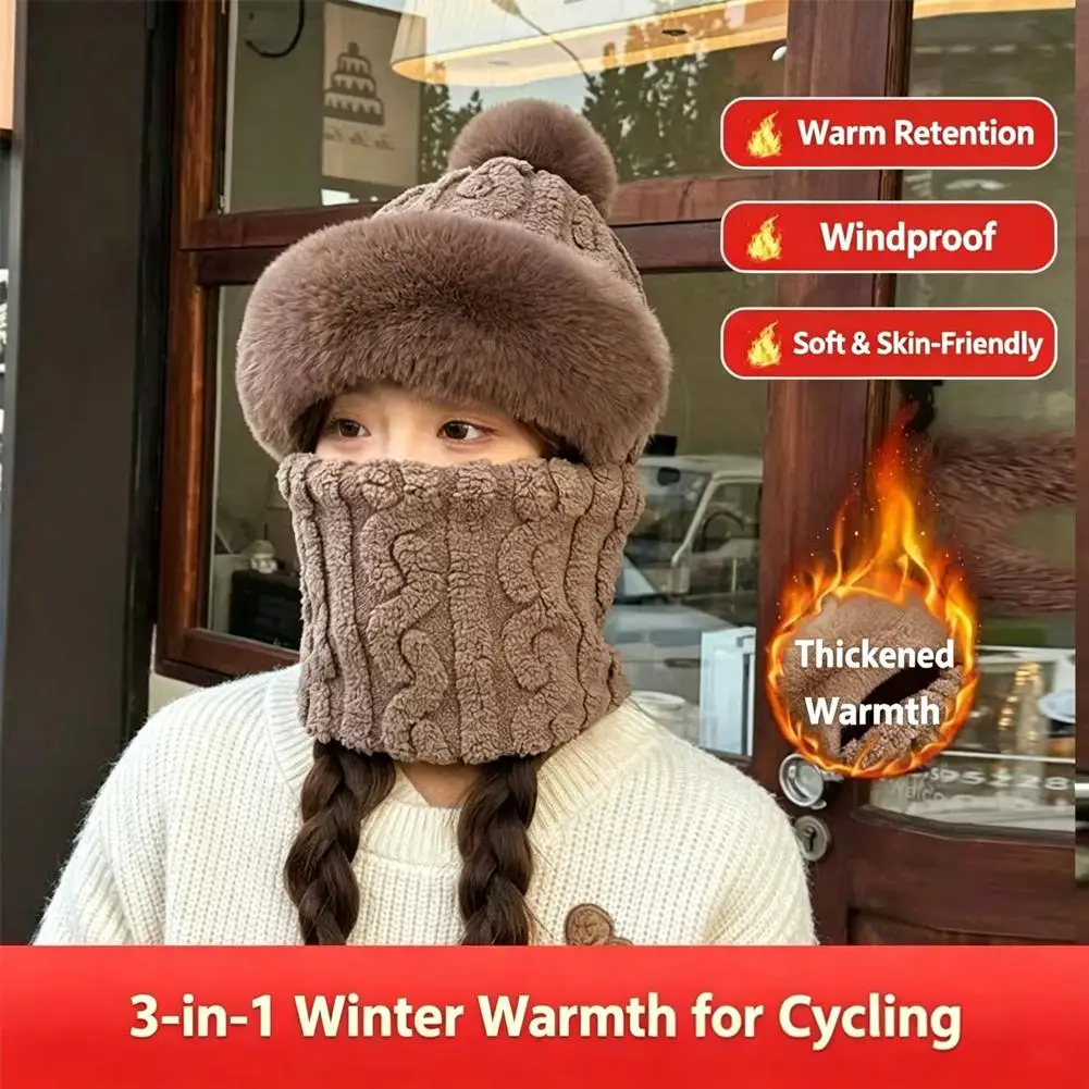 Winter Hat For Women Hooded Face Mask Fluff Keep Warm Thicken Style Neck Scarf Hooded Cap Beanie Knitted Cashmere Neck Warmer