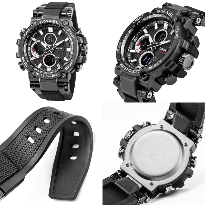 SMAEL Men Sport Watches Digital Double Time Chronograph Watch Mens LED Chrono Week Display Wristwatches Male montre homme Hour