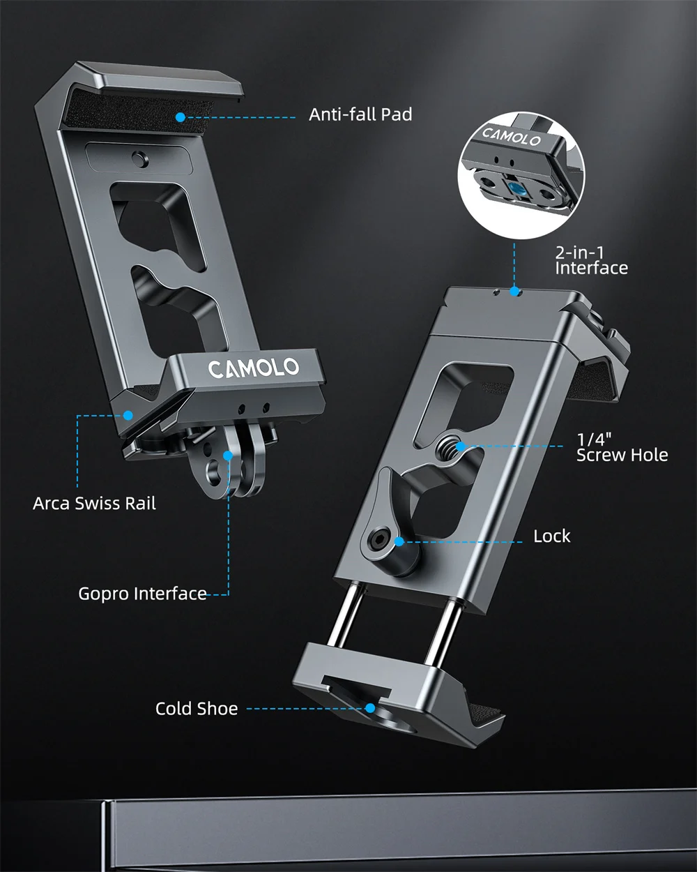 2025 Metal Phone Holder Tripod Mount w Arca Swiss+Cold Shoe+Gopro Mount  3in1 Phone Clamp for iPhone 16/15/14 /13/12/ Samsung