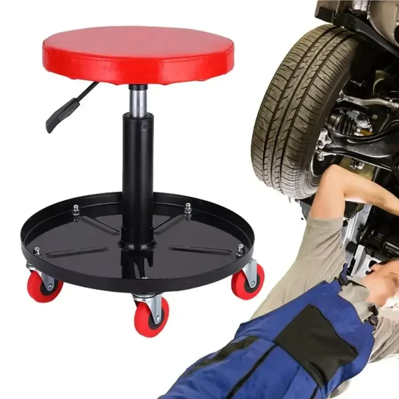 Car Maintenance Tool Liftable Metal Chair for Mechanical Workshop Adjustable Roller Wheels Seat Garage with Tool Tray Stool Tool