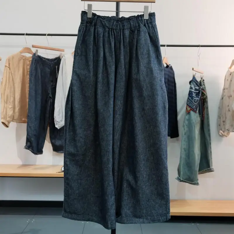 Spring Autumn New Arts Style Women Elastic Waist Loose Trousers All-matched Casual Cotton Linen Wide Leg Pants High Quality TS80