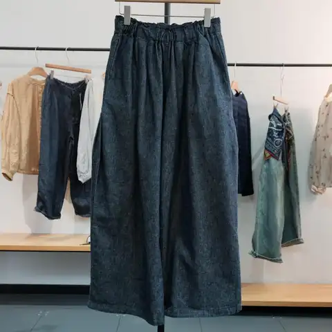 Spring Autumn New Arts Style Women Elastic Waist Loose Trousers All-matched Casual Cotton Linen Wide Leg Pants High Quality TS80