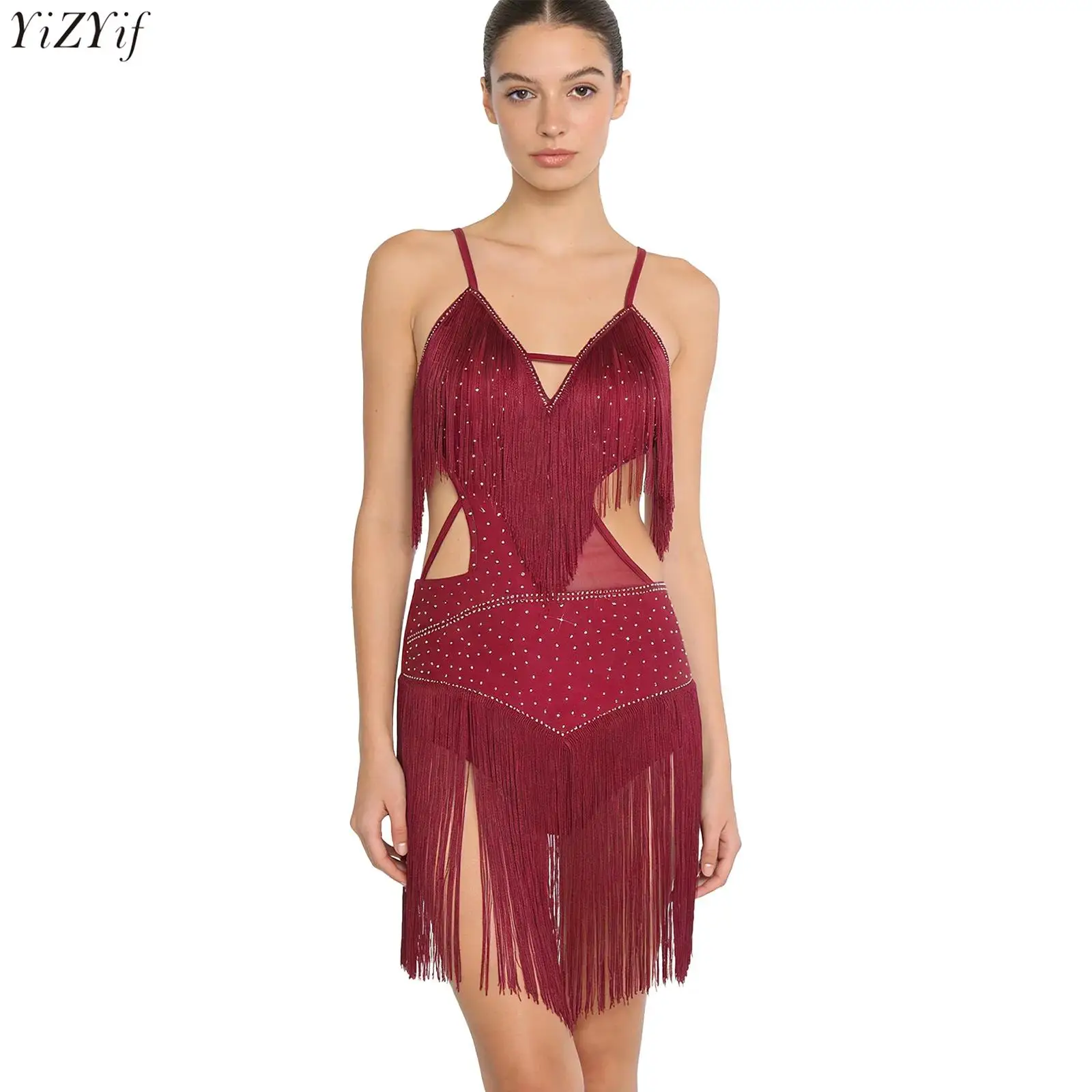 

Женское боди для бальных танцев, латинского танца ча-ча, блестящее платье на бретельках со стразами и вырезами, танцевальная одежда для румбы, сальсы, танго