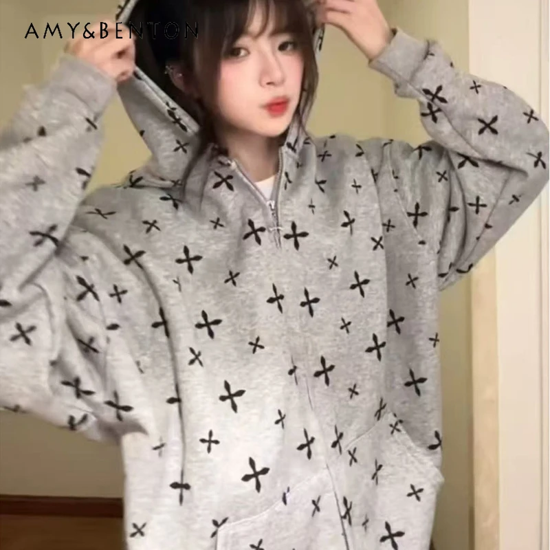 American Retro Full Print Women's Zipper Sweatshirt 2025 Autumn Winter New Design Loose Fit Slimming Versatile Hoodie Couples