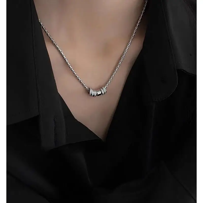 B&C Silver wheat chain necklace with paved crystal cylinder pendant minimalist mens daily wear neck jewelry