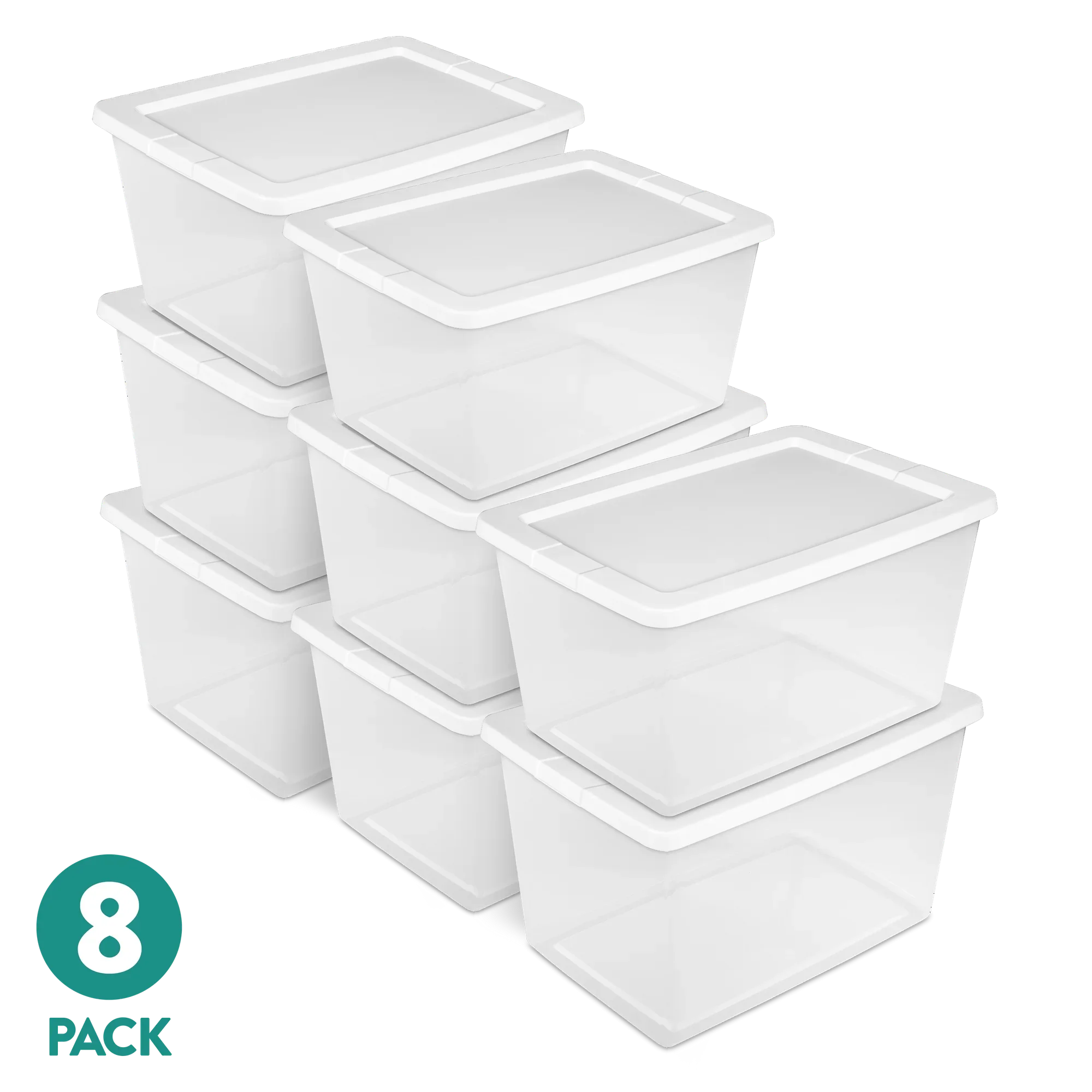 

8-Pack 58-Quart Clear Plastic Storage Boxes with Snap-On Lids in White, Durable and Stackable Storage Bins for Home, Garage, Office, or Pantry, Perfect for Organizing Toys, Seasonal Items, Kitchen Supplies, Tools, and Household Goods, Space-Saving and Eas