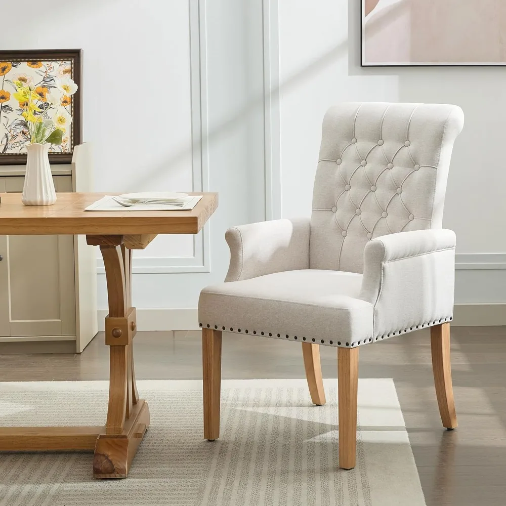

Fabric Dining Chair with Arms, Upholstered Tufted High Back Dining Room Chairs, Accent Armchair with Solid Wood Leg and Nailhead