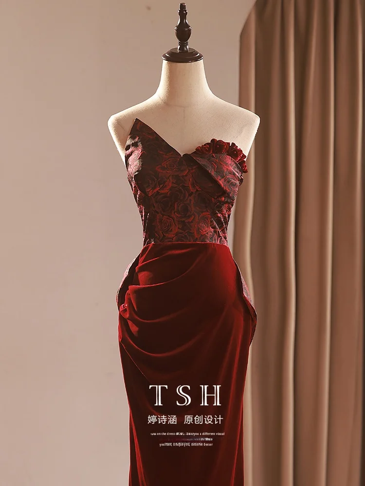 

Ele Red Evening Gown Women's Sexy Fi Tail Wedding Dr High Waist Strapl Long Skirt Polyester Elastic Fiber Dr