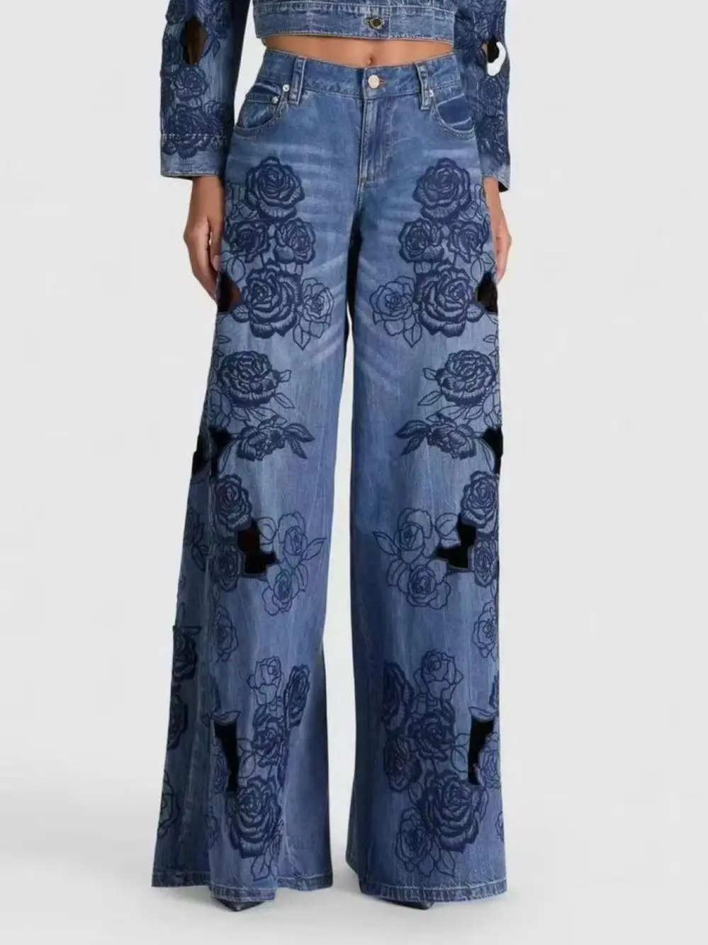 Women Floral Embroidery Blue Long Pants Hollow Out High Waist Loose Straight Cotton Trousers