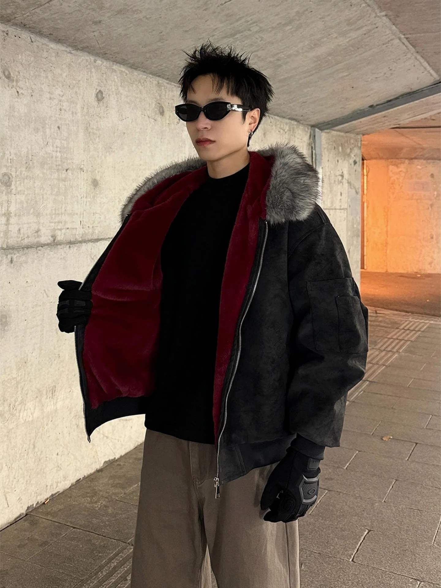 

Bla Red Inner Lychee Pattern PU Leather Collar Thiened Winter Coat for Men Hooded Cotton Jaet Warm Youth Faion