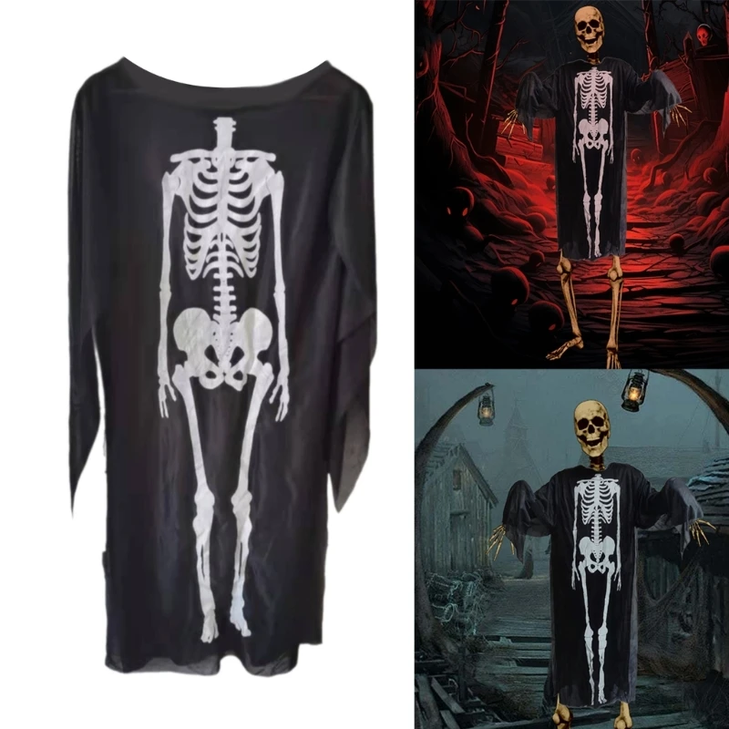 Scary Skeleton Print Costume with Long Sleeve Halloween Death Costume for for Kids Boy Girl Halloween Death Costume