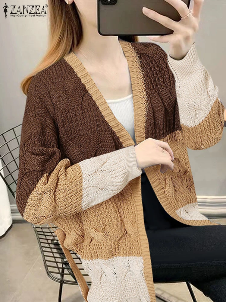 

2025 ZANZEA, осенние свитера, зимние теплые длинные кимоно, пальто, женские кардиганы с длинными рукавами и открытой передней частью контрастного цвета, вязаная верхняя одежда