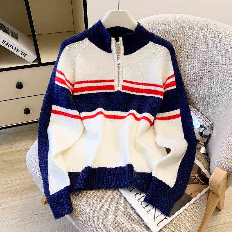 

American Retro Striped Zipper Long Sve Loose Knitted Sweater Color Blo Autumn Winter New Sle Women's Faion Top